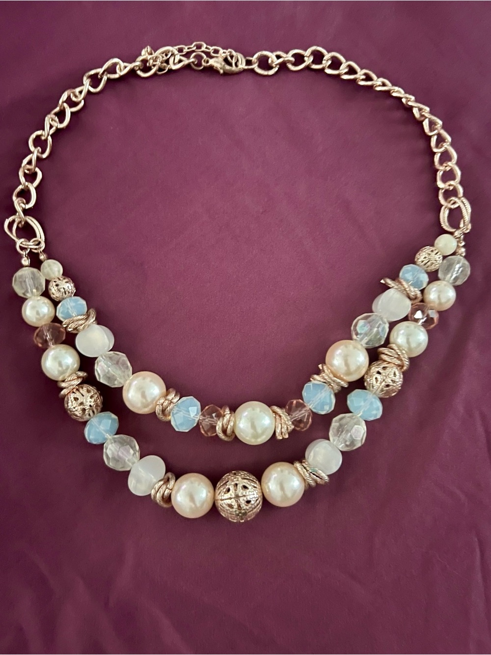 Gold-Tone Double Strand Necklace with Pearls and Blue Crystal Accents